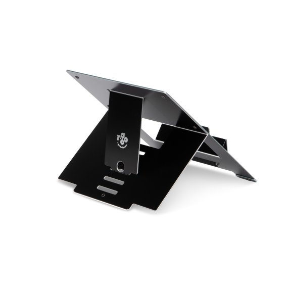 Produktfoto eines ergonomischen Laptopstaender von R-GO aus Aluminium in schwarz von der Rueckseite